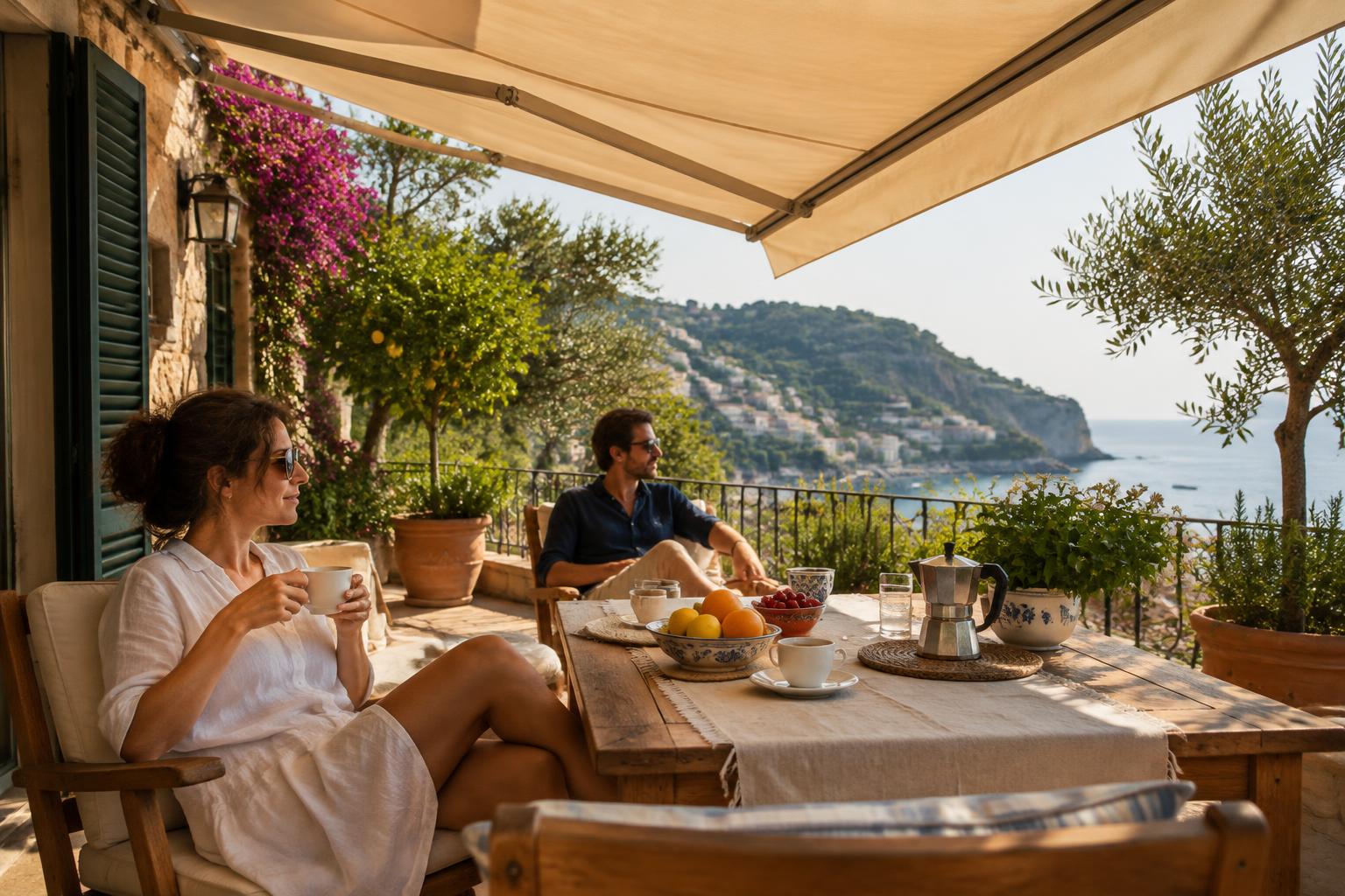 Terrazzo all’ombra di una tenda da sole in una giornata d’estate