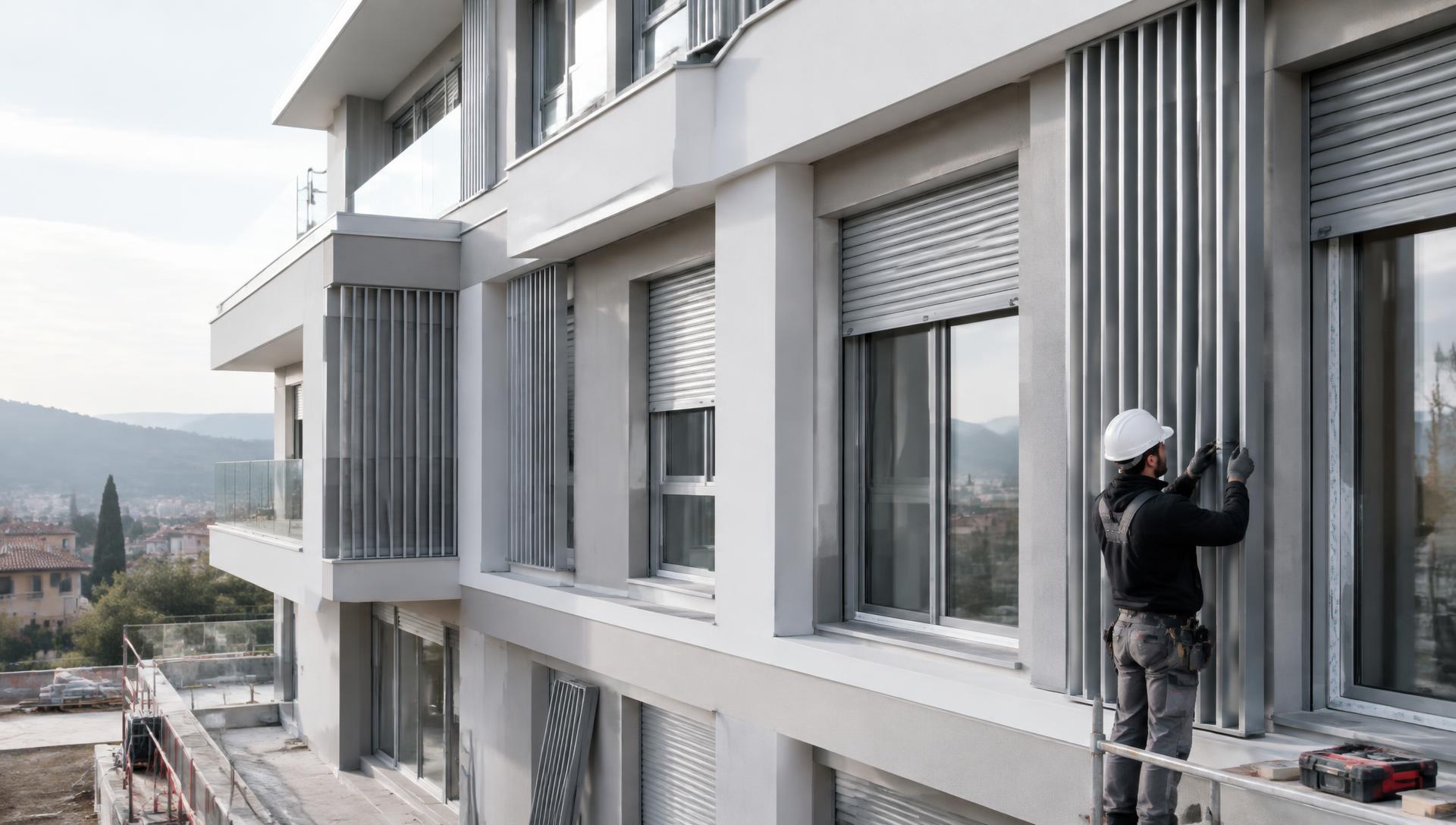 Installatore che monta frangisole e tapparelle su una facciata moderna