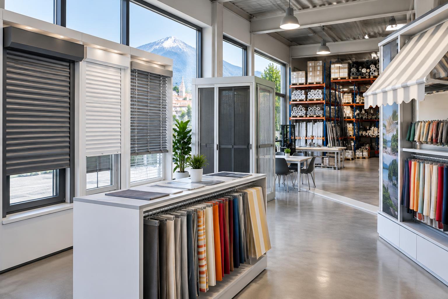 Showroom e magazzino con tapparelle, veneziane e campionari di tessuti